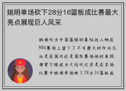 姚明单场砍下28分16篮板成比赛最大亮点展现巨人风采