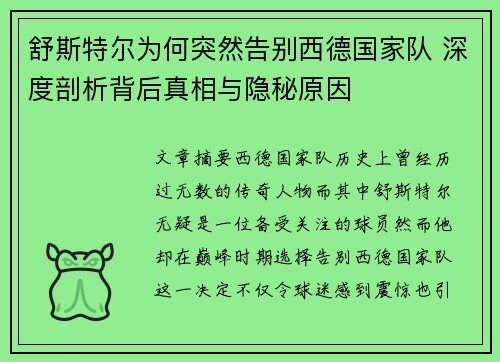 舒斯特尔为何突然告别西德国家队 深度剖析背后真相与隐秘原因