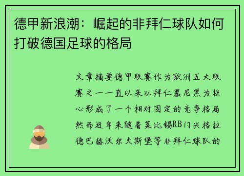 德甲新浪潮：崛起的非拜仁球队如何打破德国足球的格局